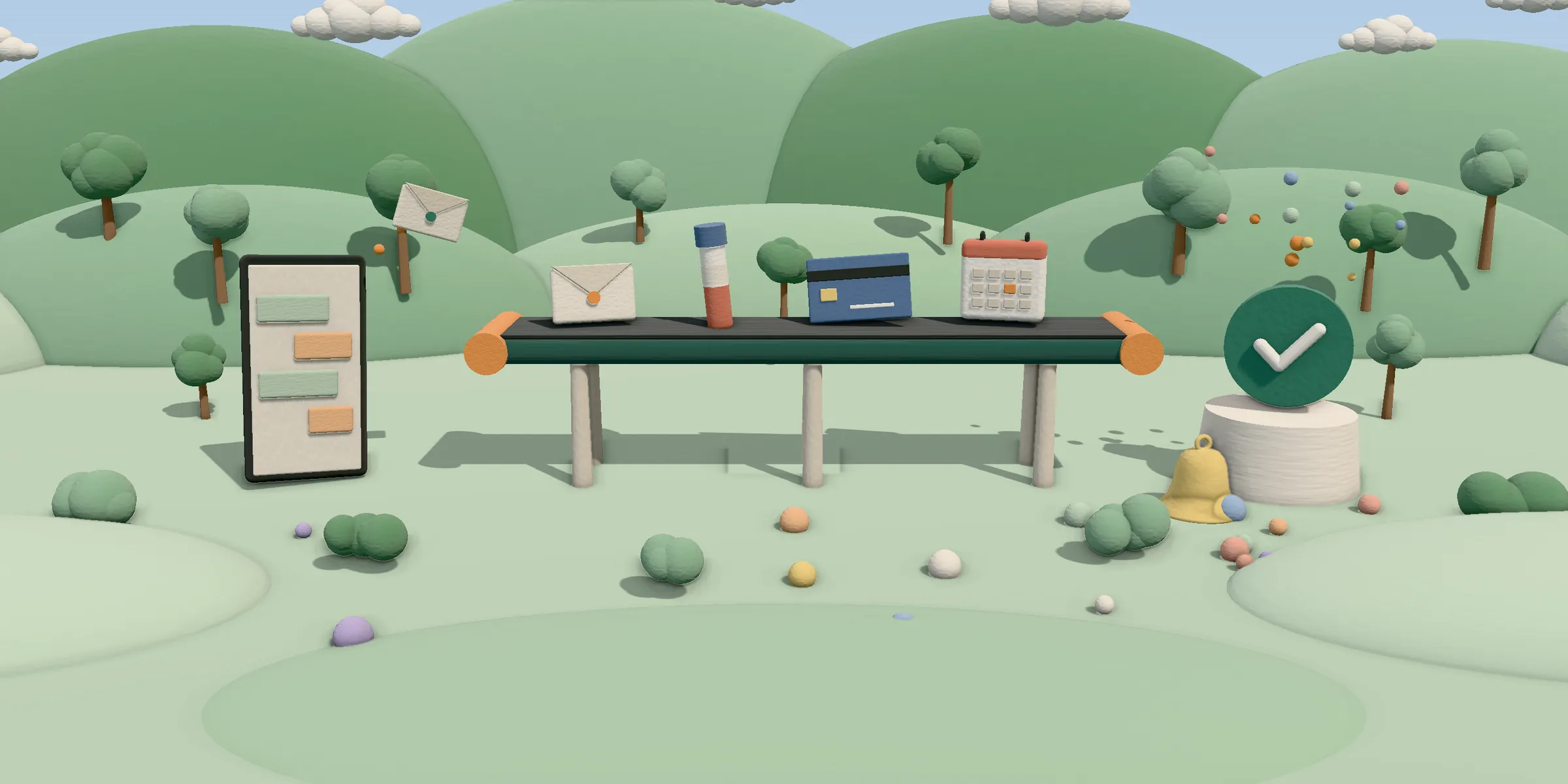A clay conveyor belt in green hills carrying an envelope, a lab vial, a payment card and a calendar from a phone to a green check mark