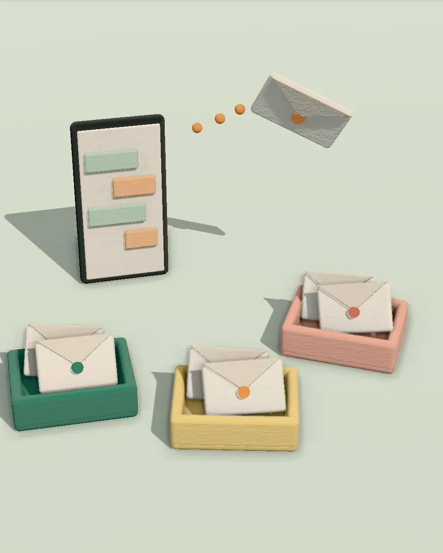 A clay phone sending envelopes into three colored sorting trays