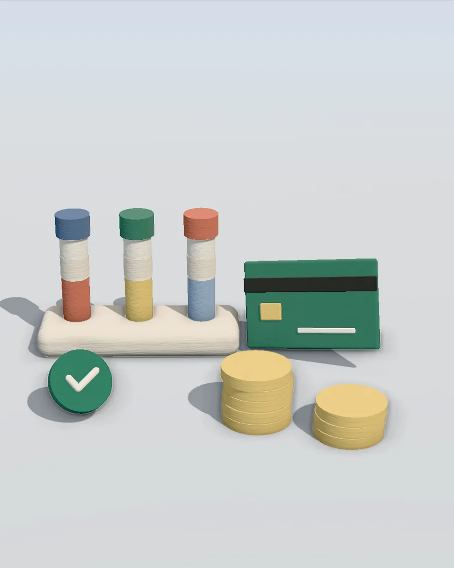 Clay lab vials in a rack beside a green payment card and stacks of coins