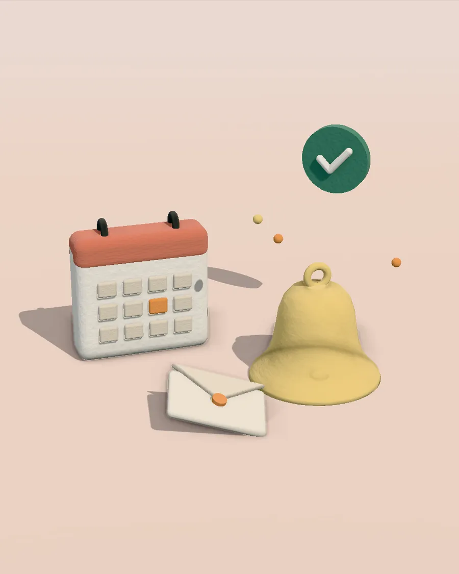 A clay calendar, a yellow bell and an envelope on a soft pink floor